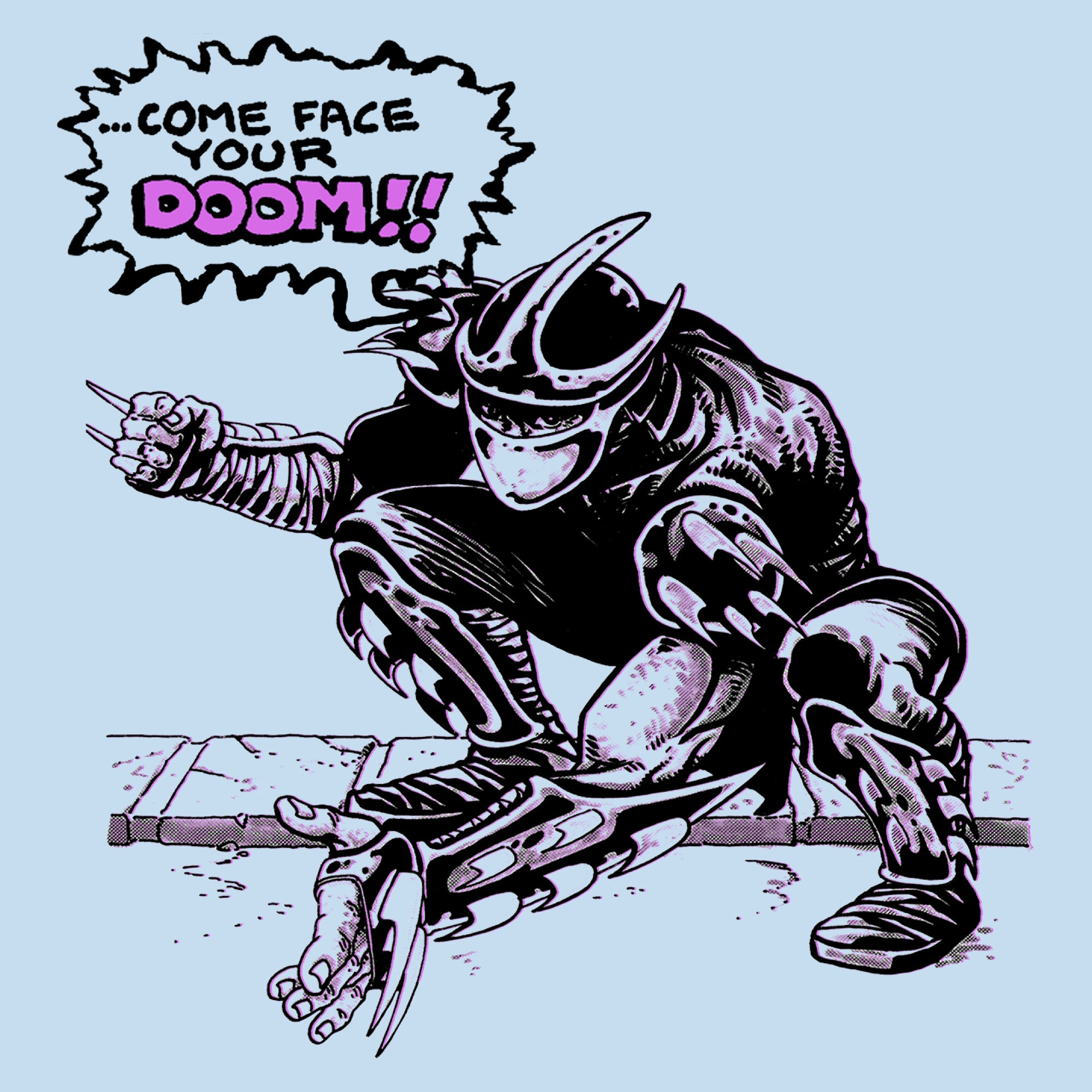 image on shirt: shredder crouching. comic book speech bubble. text: ..come face your doom!!