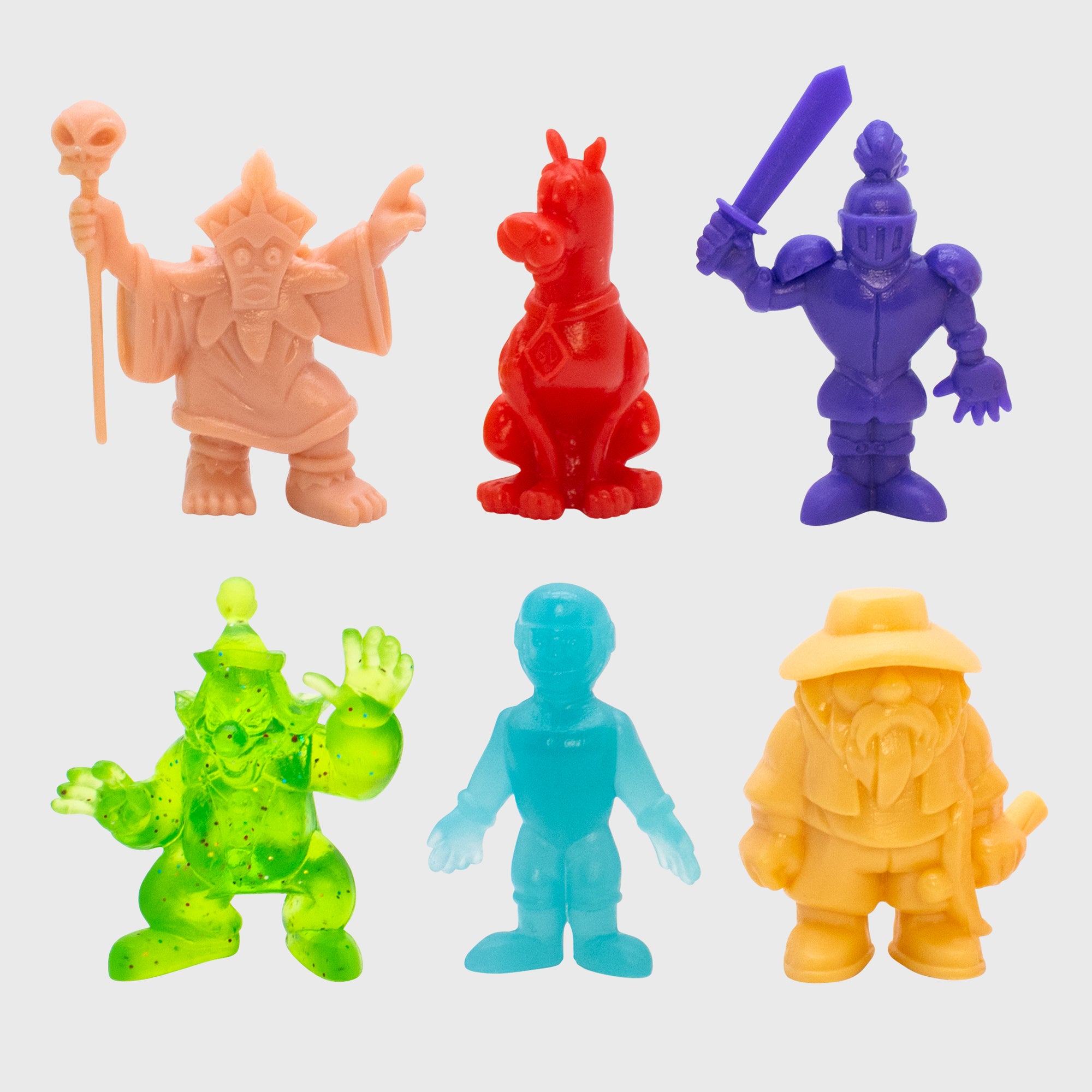 scooby doo tiny mights set. from top left to top right: witch doctor, scooby doo, black knight. from bottom left to bottom right: harry the clown, funland robot, miner 49er.