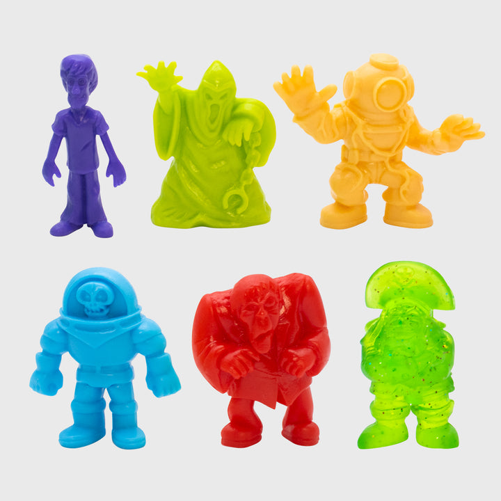 scooby doo tiny mights set. from top left to top right: shaggy, green ghost, captain cutler. from bottom left to bottom right: space kook, creeper, redbeard