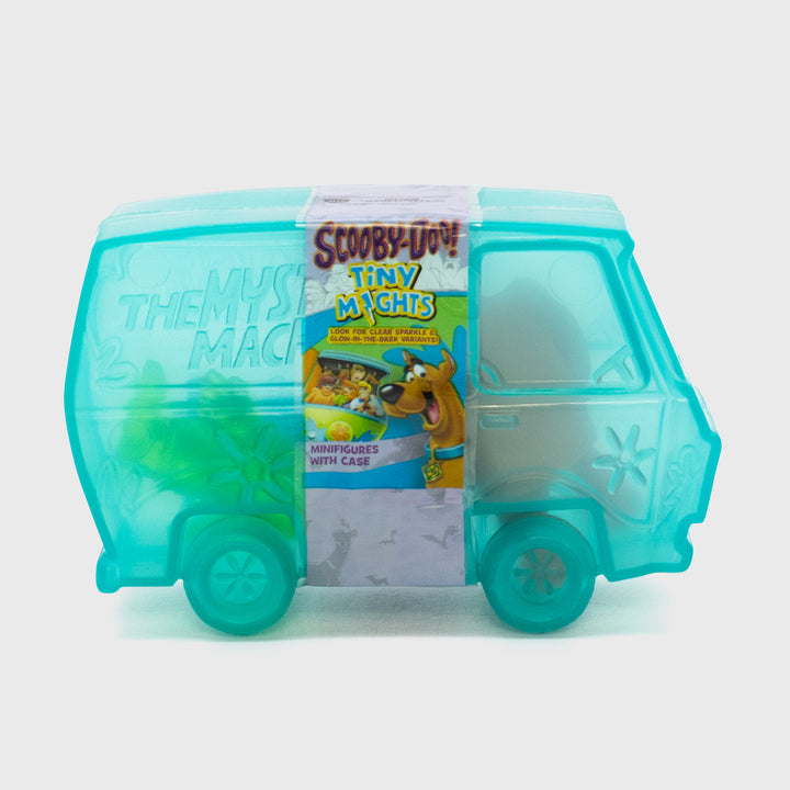 tiny nights packaging. the mystery machine. text: scooby-doo! tiny mights look for clear sparkles & glow-in-the-dark variants! minifigures with case.