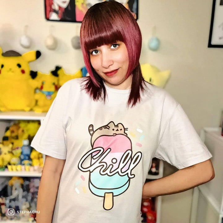 woman wearing pusheen shirt