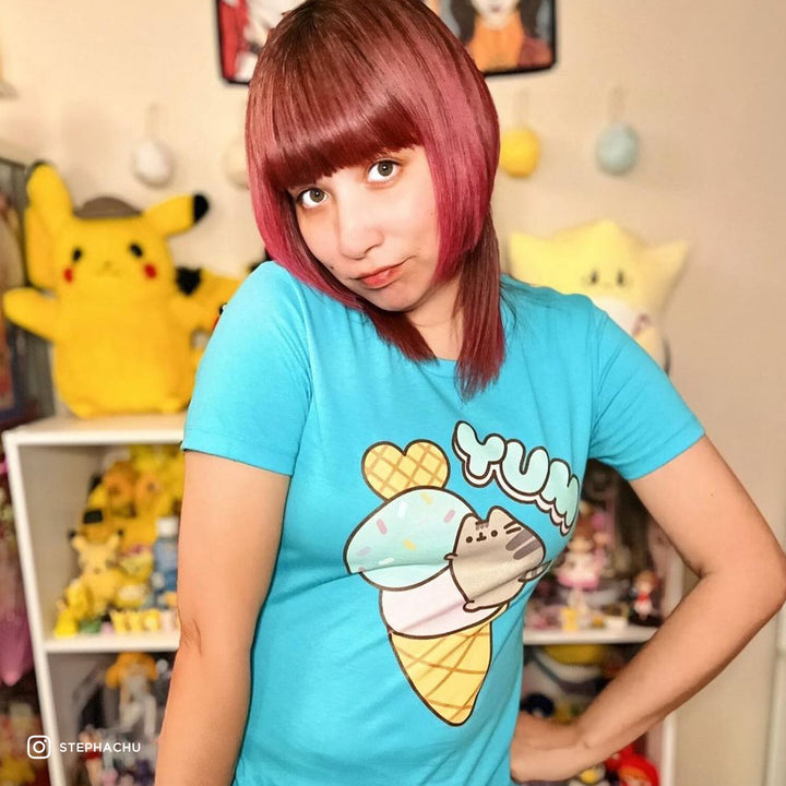 woman wearing pusheen shirt