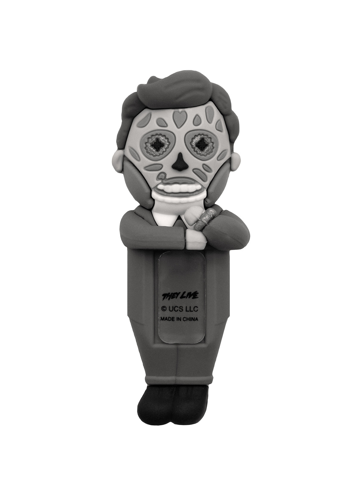 Plush toy with a gray and black color scheme on a white background