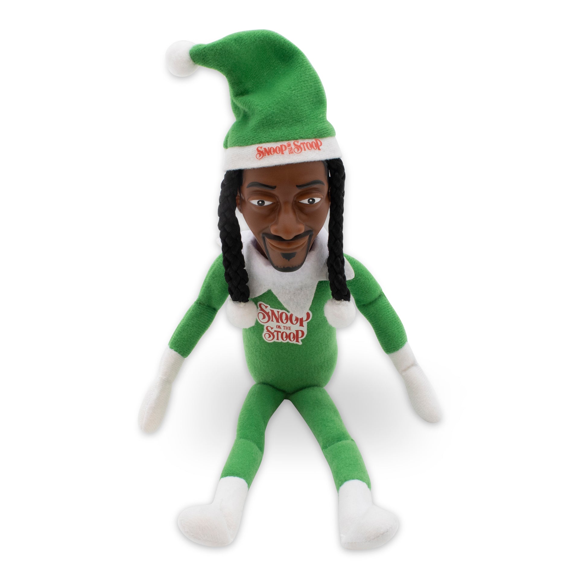 Green elf plush toy with 'Snoop on the Stool' text on a white background