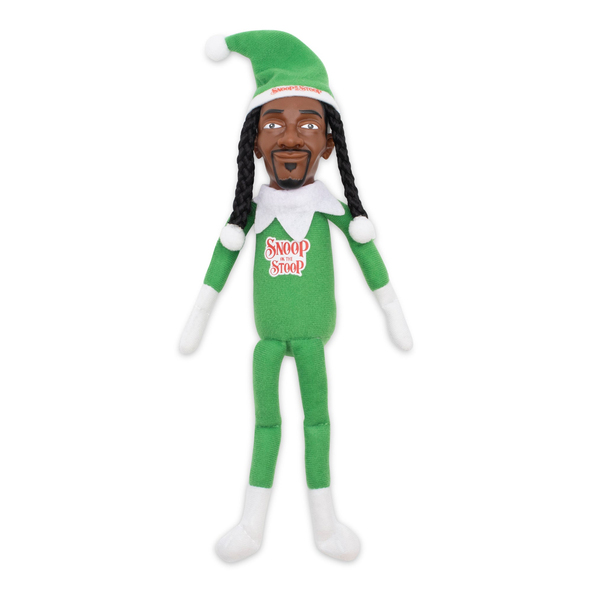 Green elf plush toy with 'Snoop on the Stool' text on a white background
