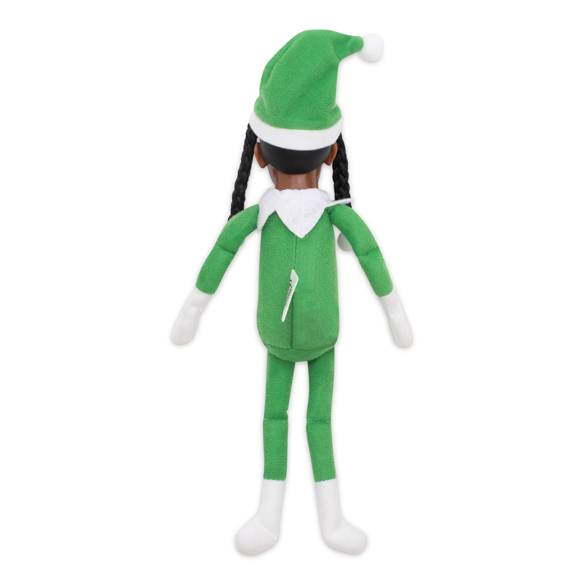 Plush toy elf in green outfit with white accents on a white background