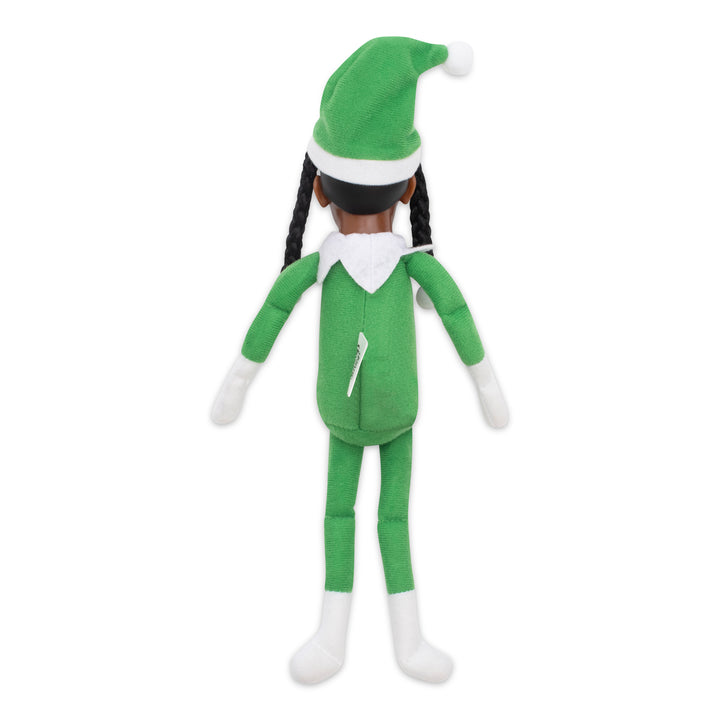 Plush toy elf in green outfit with white accents on a white background