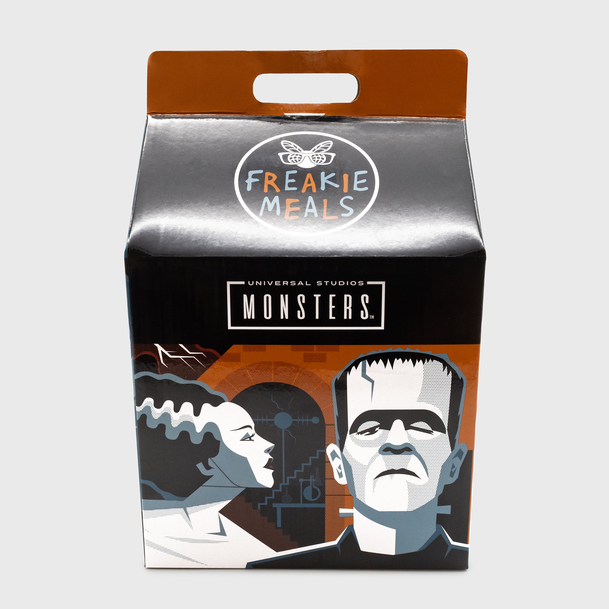 freakie meals box packaging. image: bride of frankenstein and frankenstein. text: freakie meals, universal studios monsters