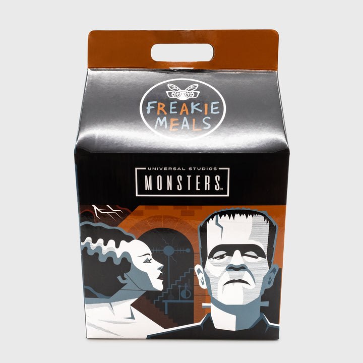 freakie meals box packaging. image: bride of frankenstein and frankenstein. text: freakie meals, universal studios monsters