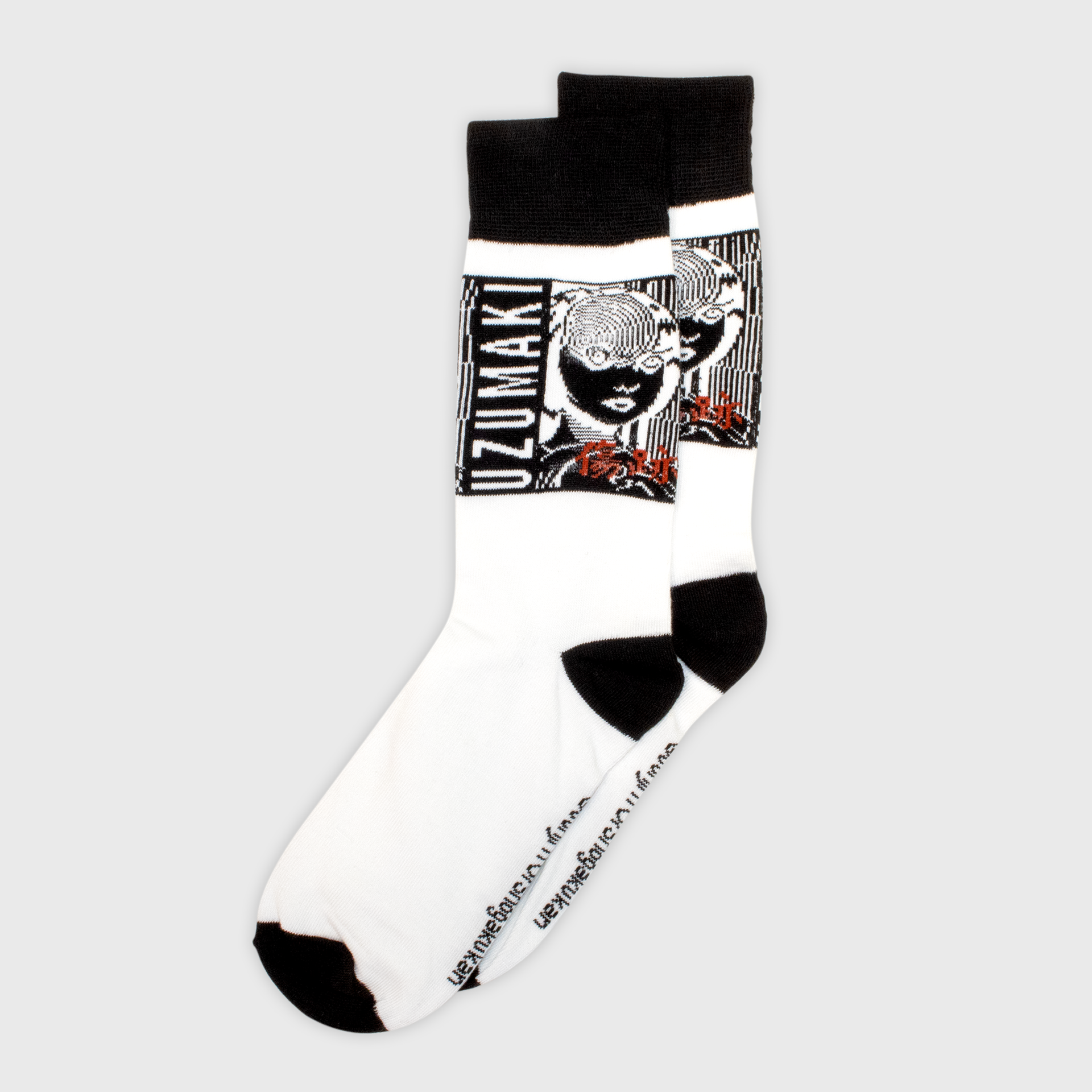 black and white crew socks. image: girl with spiral on head. top of the socks, heal of socks, toes of socks are black. text: uzumaki