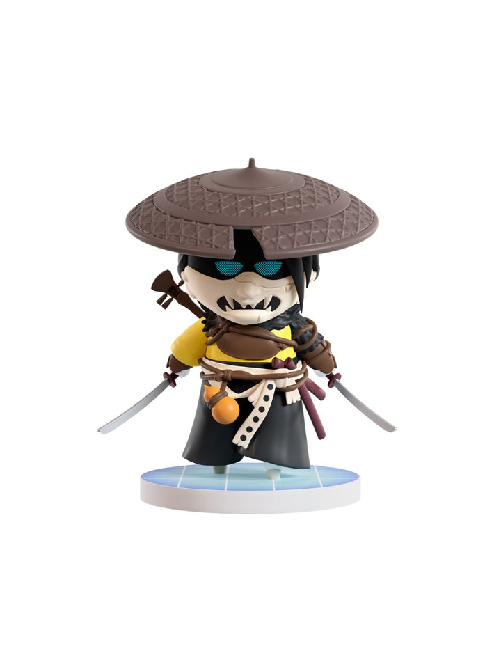 A chibi-style collectible figurine of a samurai character wearing a brown conical hat, black outfit, yellow chest piece, and holding swords, displayed on a round base against a plain white background.