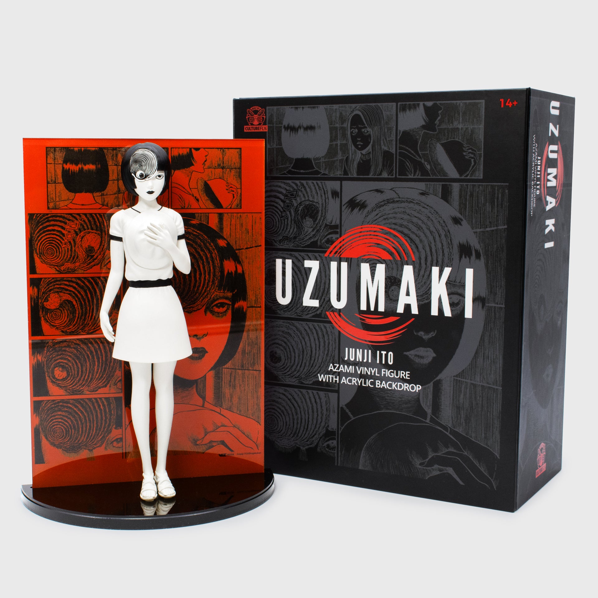 uzumaki azami figure with stand next to box packaging. text on box: uzumaki junji ito azami vinyl figure with acrylic backdrop