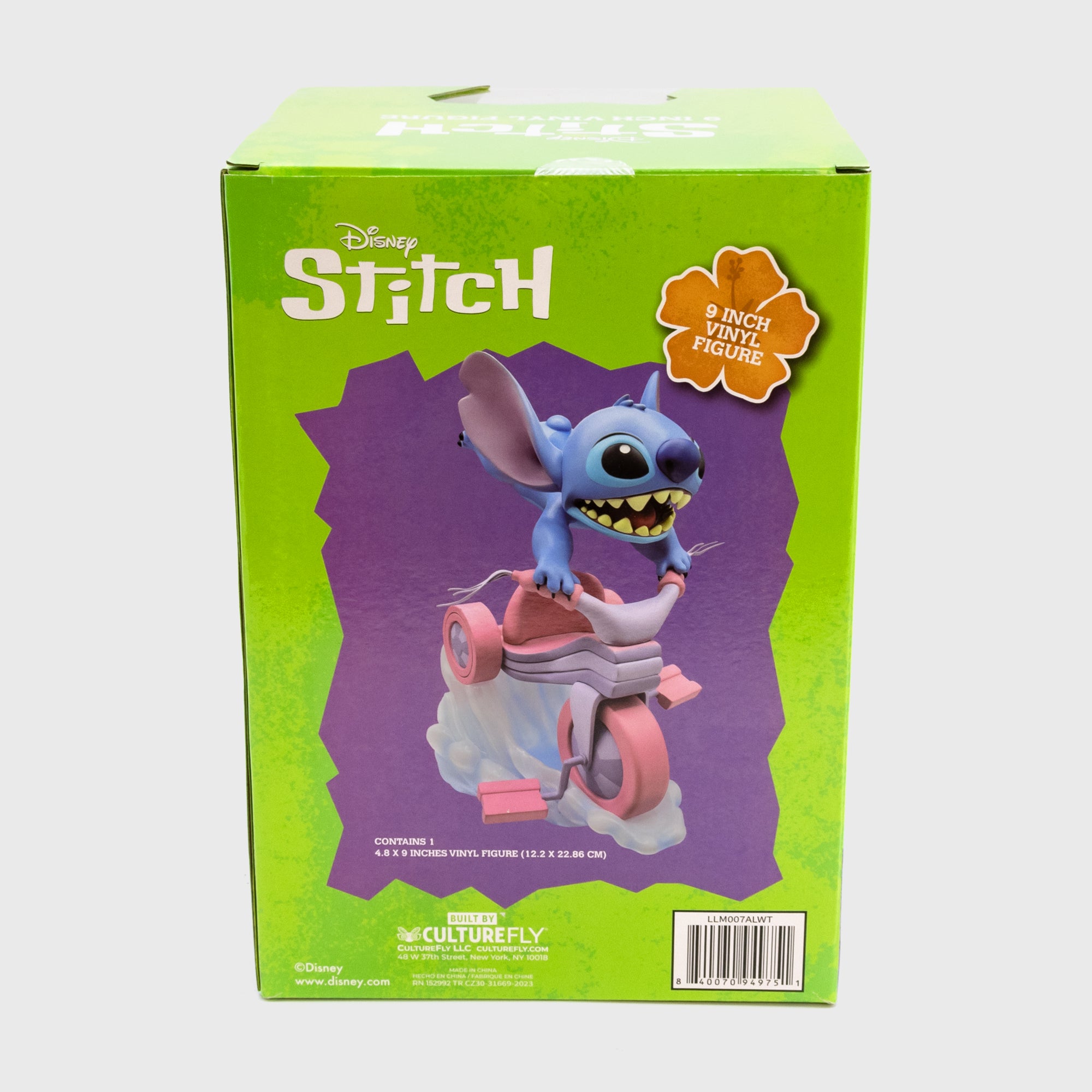 stitch packaging back. text: disney stitch 9 inch vinyl figure.