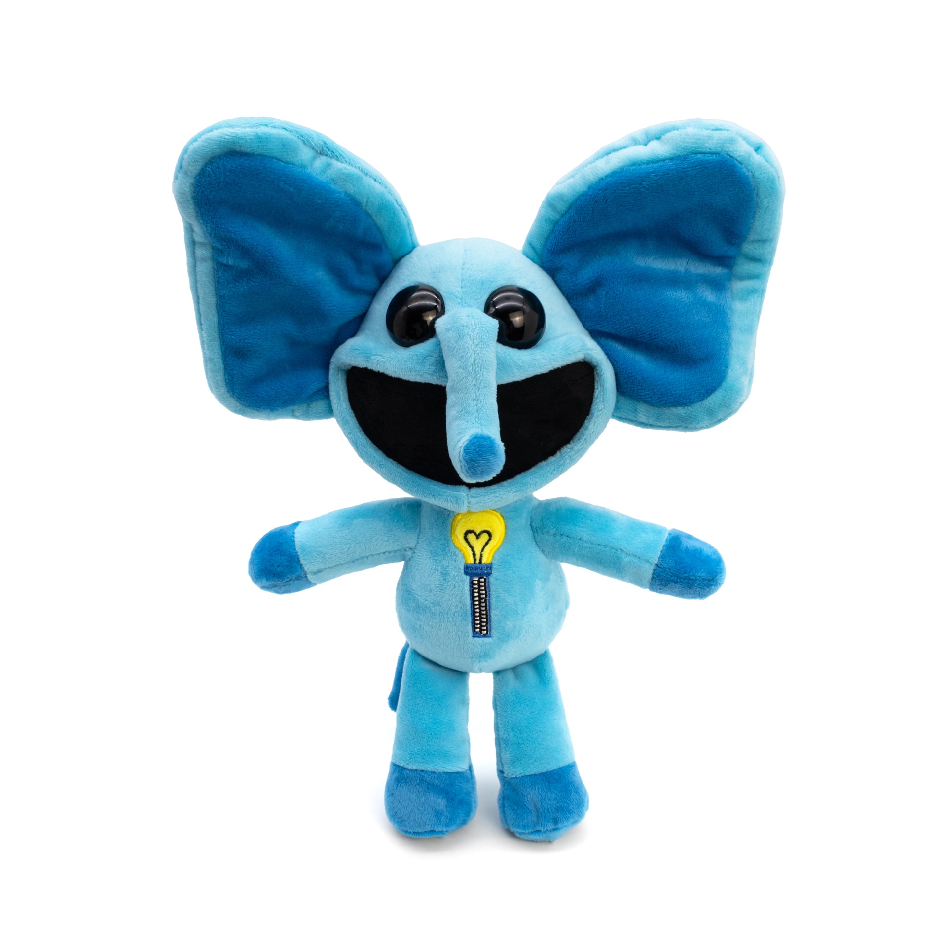Blue plush toy with large ears on a white background