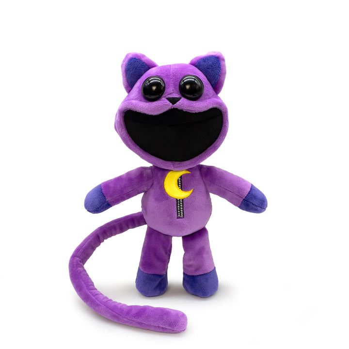 Purple plush toy with a crescent moon on a white background