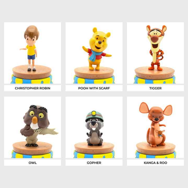 showing all the set. text: christopher robin, pooh with scarf, tigger, owl, gopher, kanga & roo
