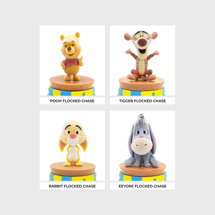 showing full flocked set. text: pooh flocked chase, tigger flocked chase, rabbit flocked chase, eeyore flocked chase