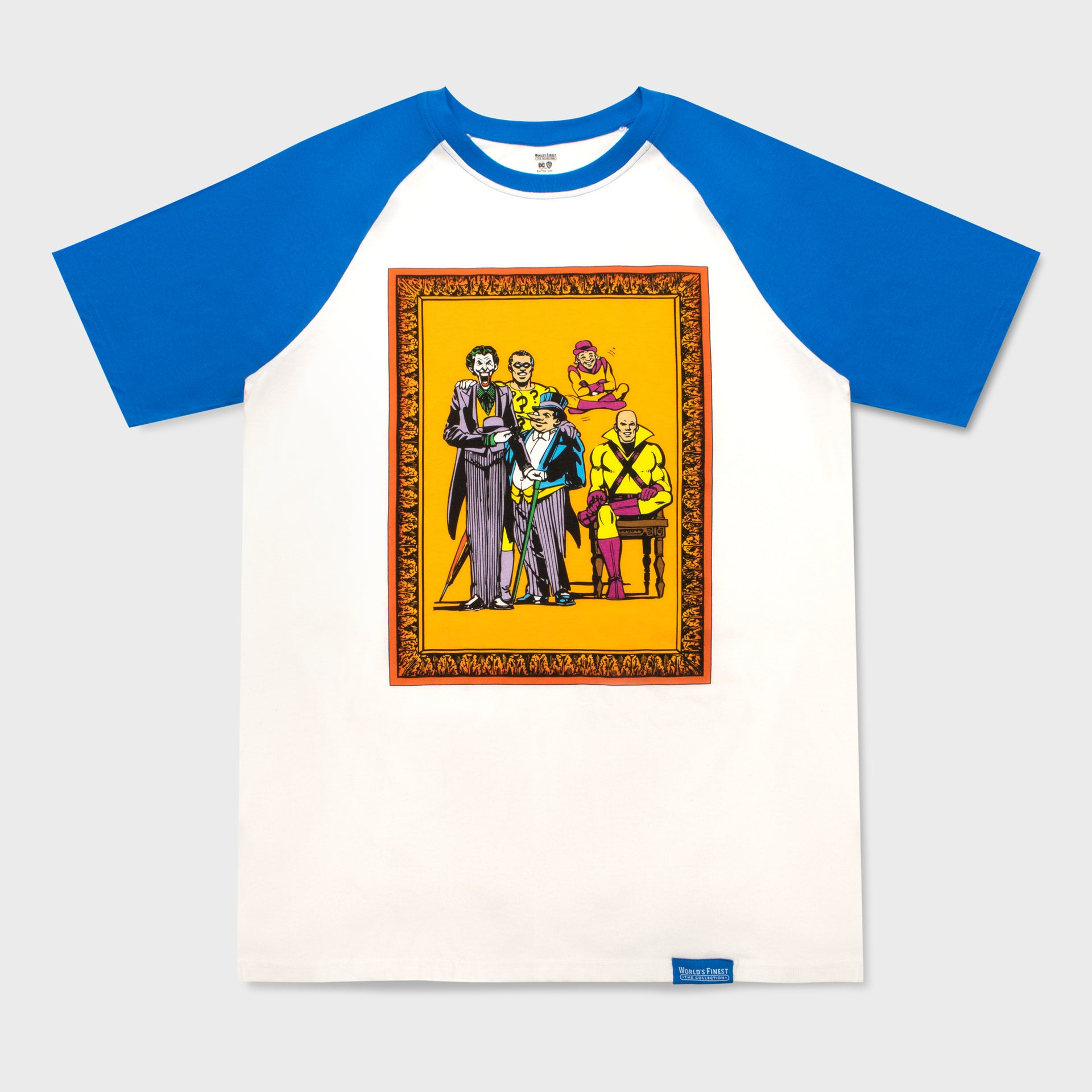 raglan t-shirt. framed portrait of the joker, the riddler, penguin, hugo strange