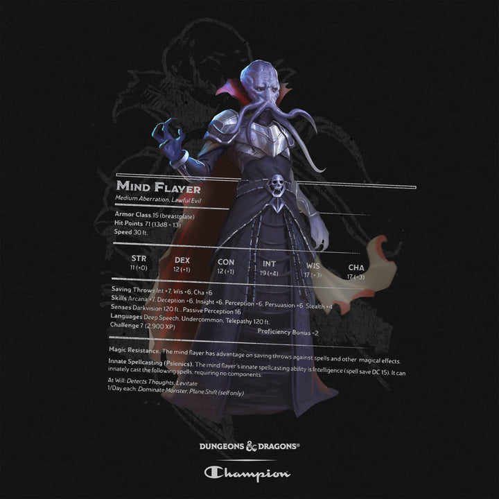 image on back of pullover: mind flayer with stats. dungeons & dragons champion.