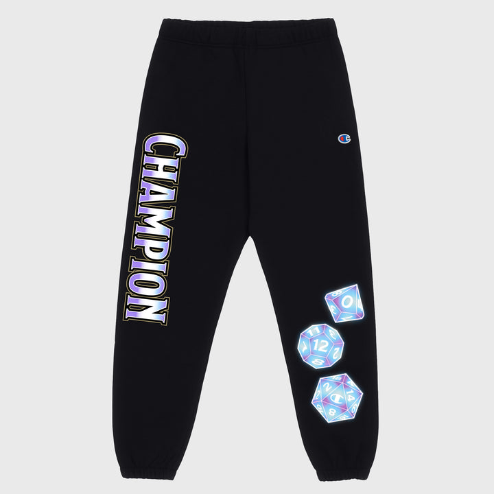 dungeons and dragons sweatpants front. champion written on right leg. d10, d12, and d20 die on left leg.