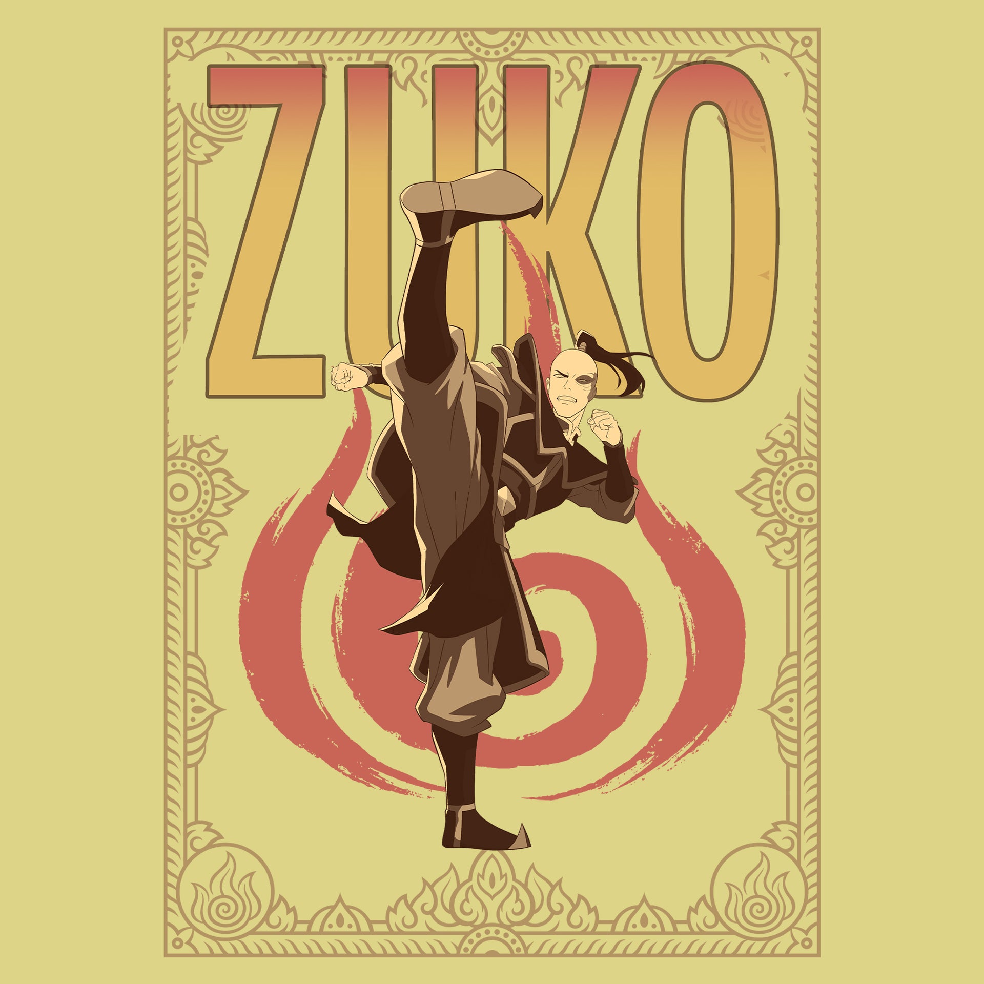 image on shirt: zuko from book 1 with pony tail kicking up. fire nation symbol behind him. text: zuko