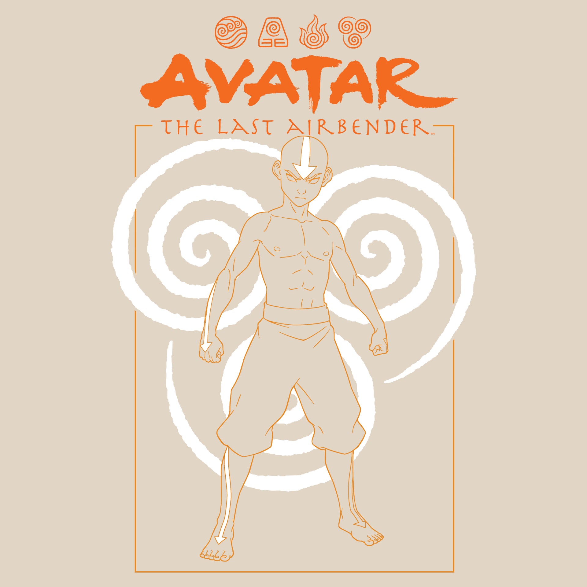 image on shirt: aang in avatar state ready to fight. air nation symbol behind him. text: avatar the last airbender
