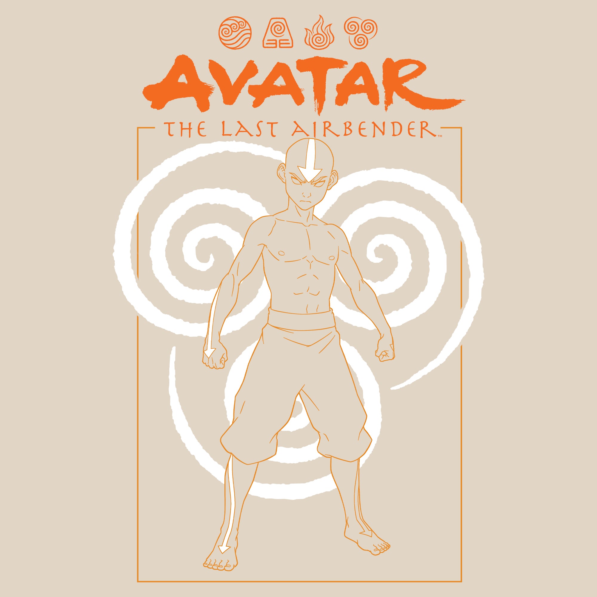 image on shirt: aang in avatar state ready to fight. air nation symbol behind him. text: avatar the last airbender