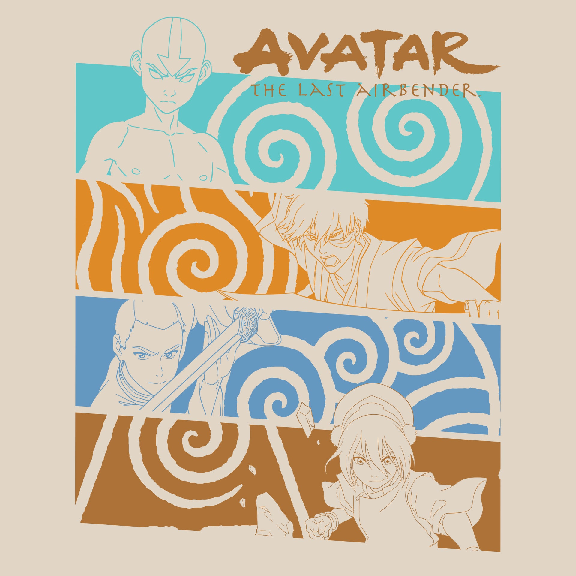 image on shirt: aang in avatar state with air nation symbol. zuko with fire nation symbol. sokka with water nation symbol. toph with earth nation symbol. text: avatar the last airbender