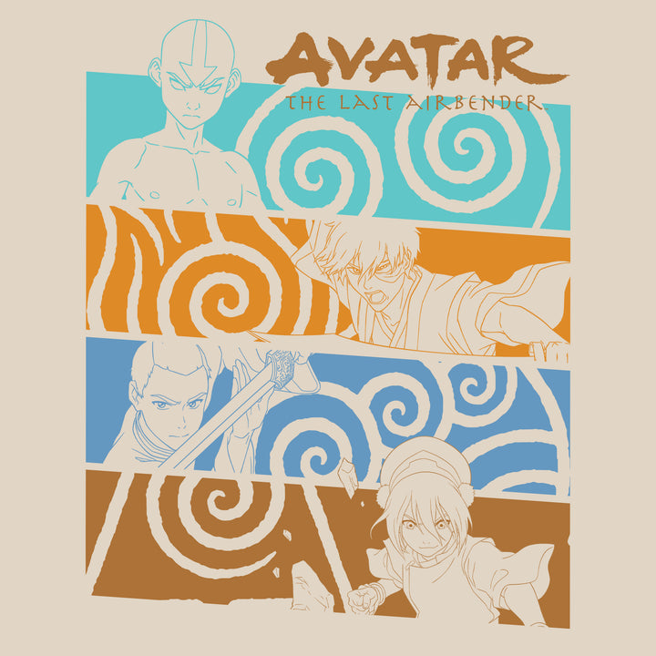 image on shirt: aang in avatar state with air nation symbol. zuko with fire nation symbol. sokka with water nation symbol. toph with earth nation symbol. text: avatar the last airbender