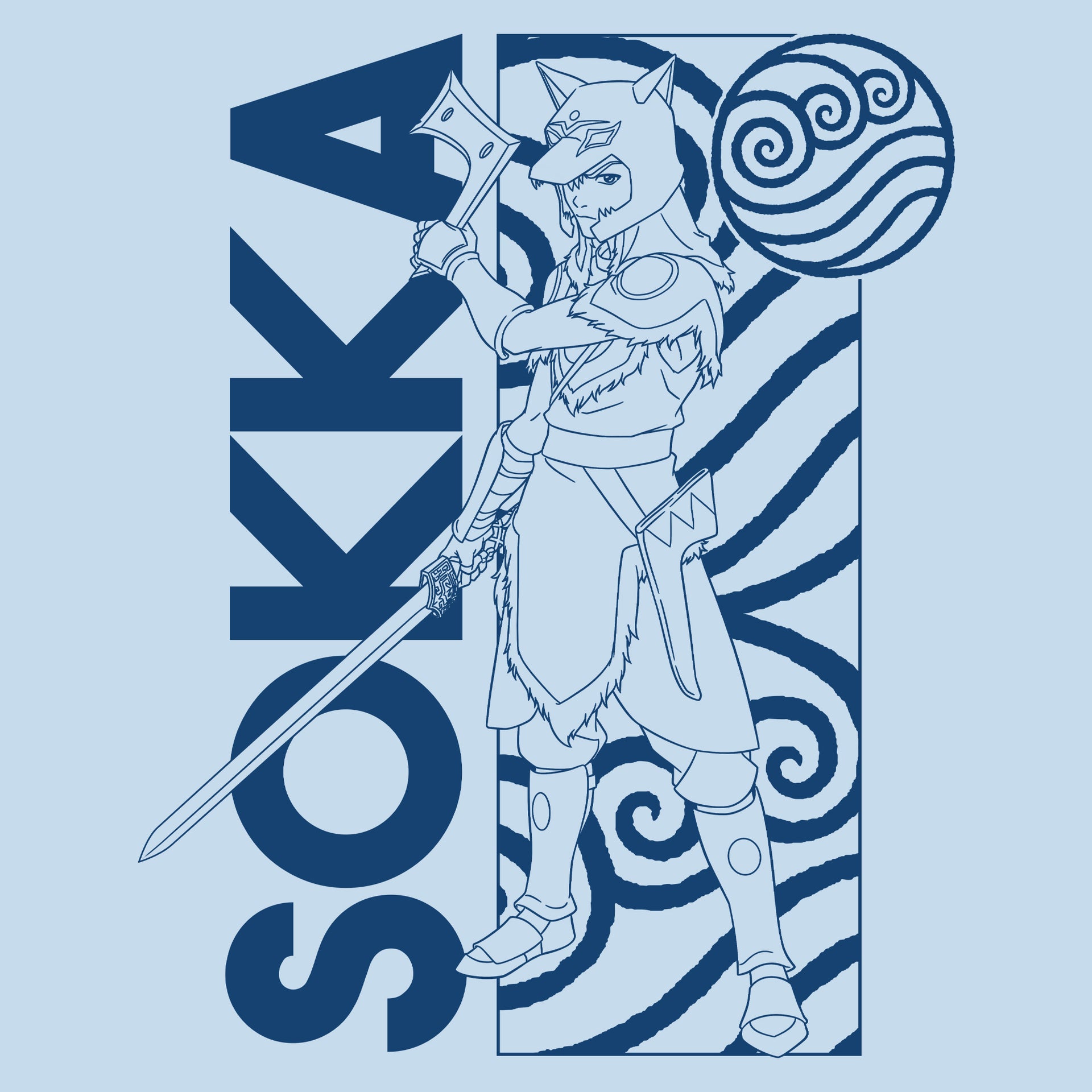 image on shirt: sokka holding boomerang and sword while wearing tribe armor. water nation symbol behind him and next to him. text: sokka