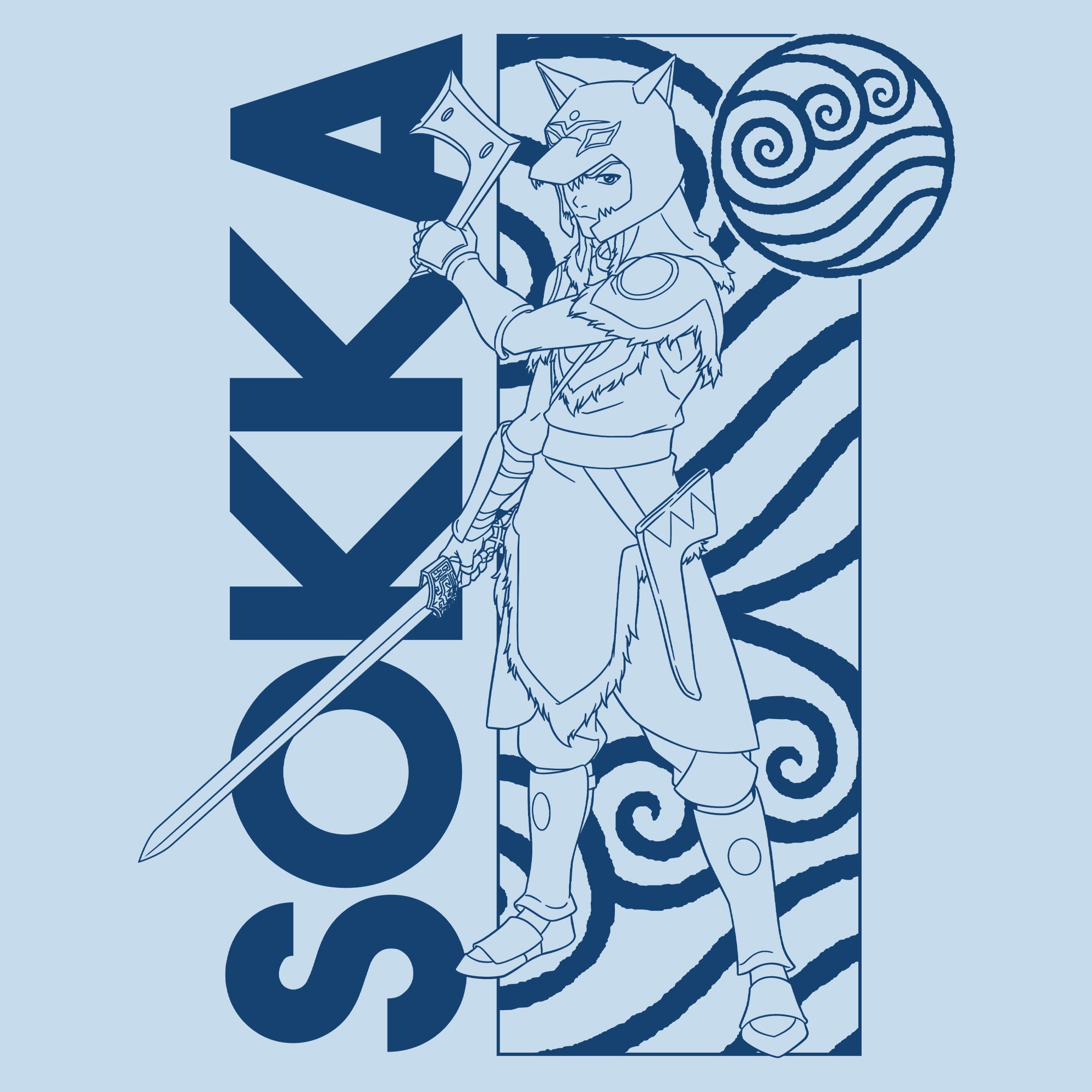 image on shirt: sokka holding boomerang and sword while wearing tribe armor. water nation symbol behind him and next to him. text: sokka