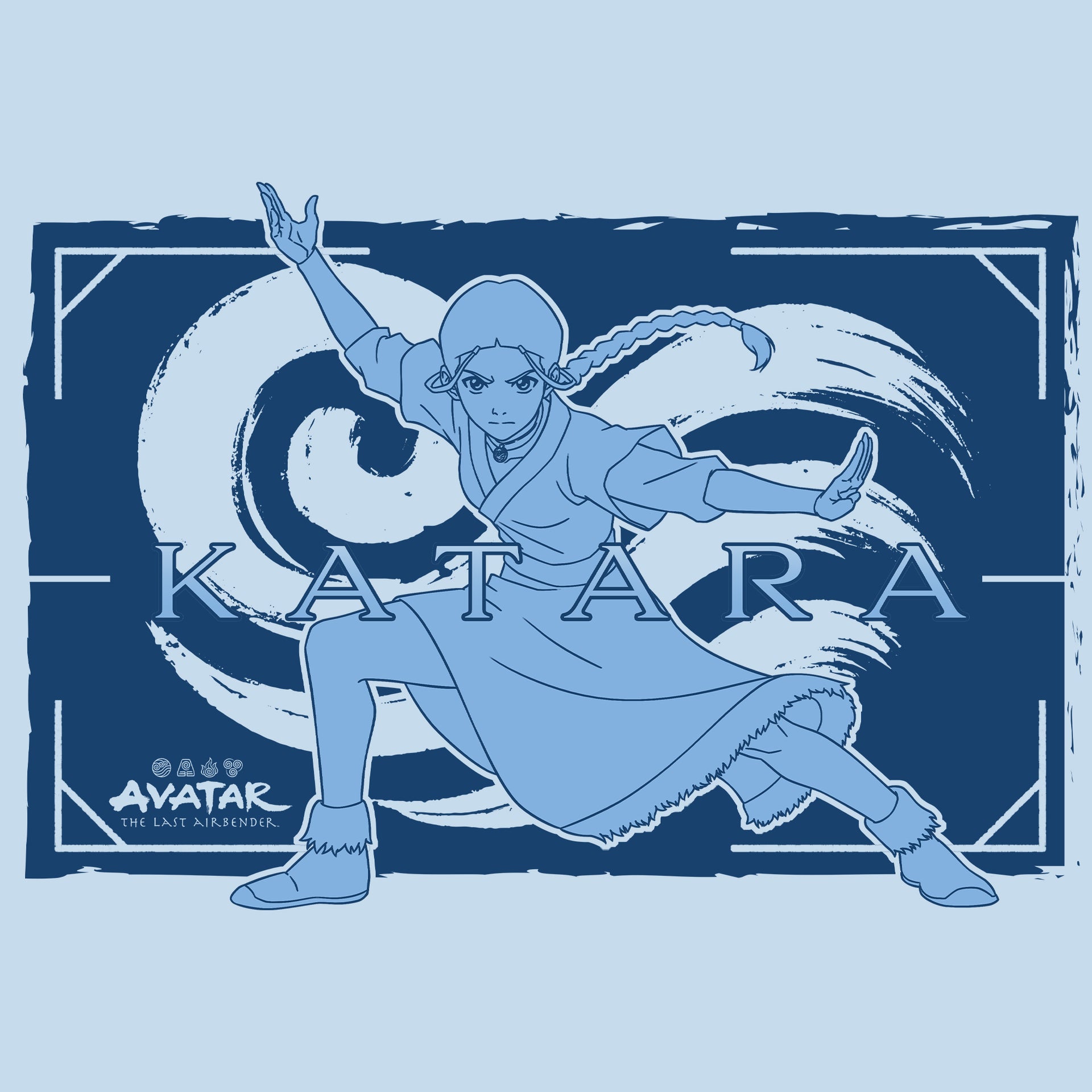 image on shirt: katara in a fighting stance. water nation symbol behind her. text: katara avatar the last airbender