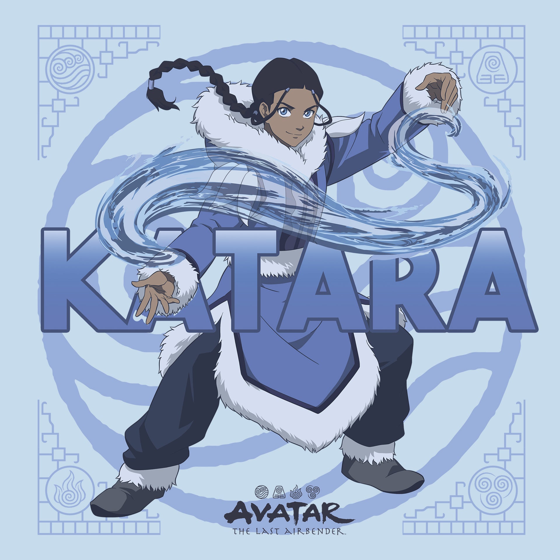 image on shirt: katara wearing winter outfit beding water. water nation symbol. 4 nations (water, earth, fire, air) on corners. text: katara avatar the last airbender
