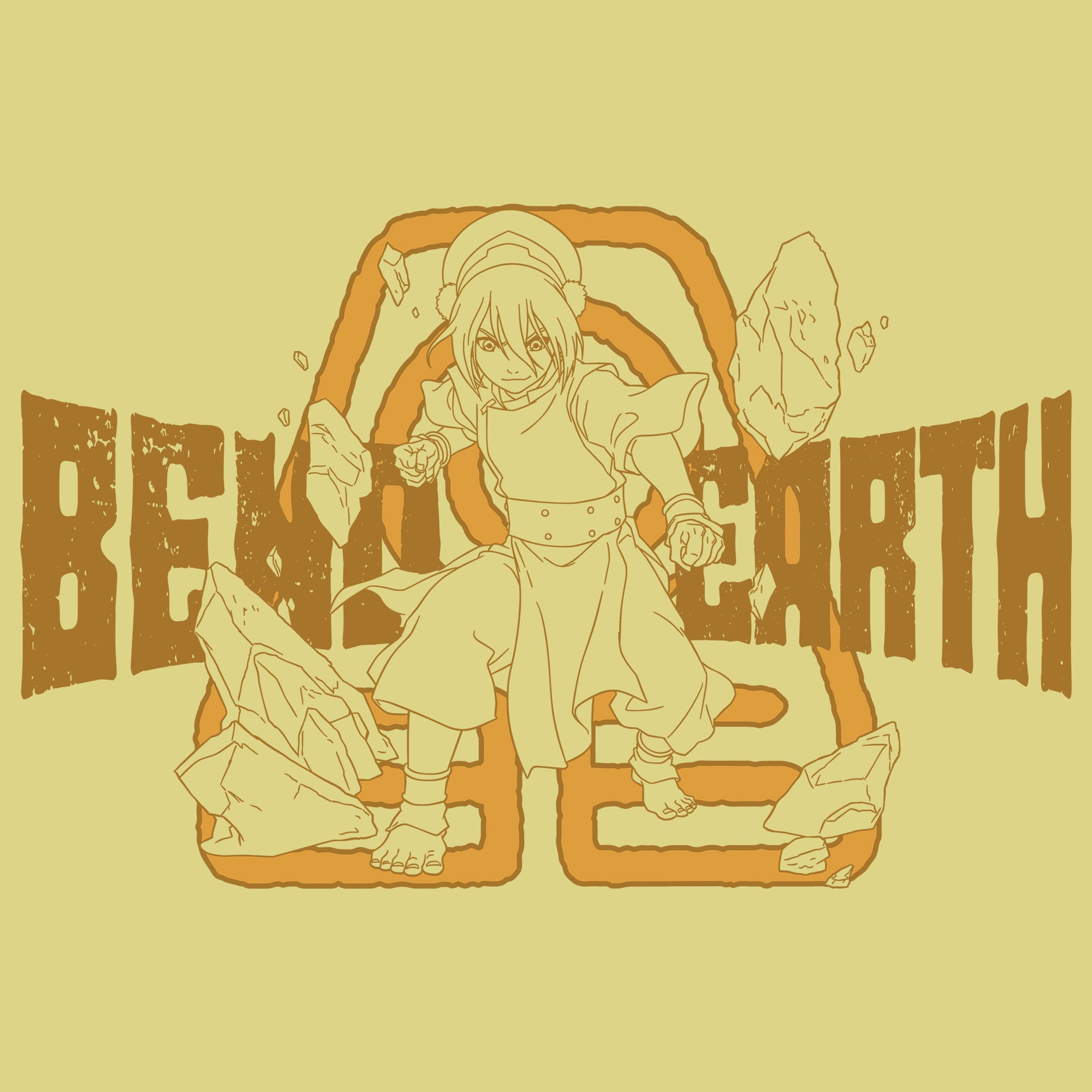 image on shirt: toph bending rocks. earth nation symbol behind her. text: bend earth