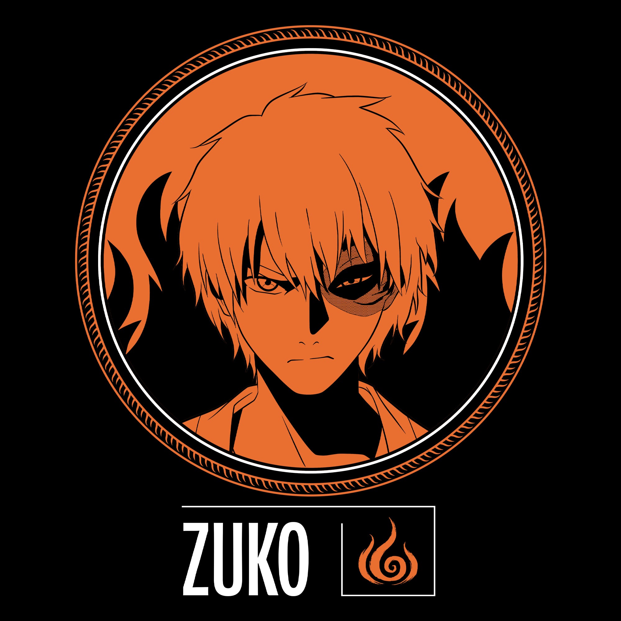 close up image on back: zuko's face with fire behind him in a circle. fire nation symbol on bottom. text: zuko
