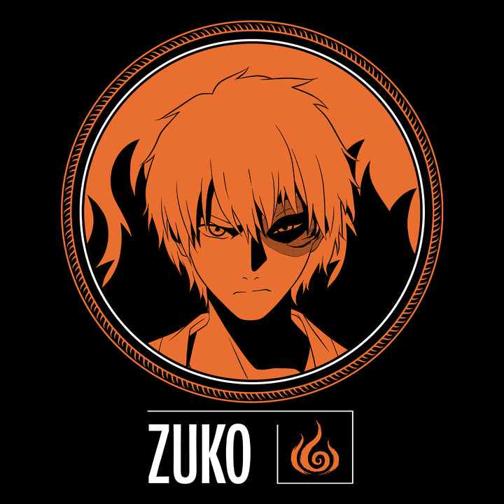 close up image on back: zuko's face with fire behind him in a circle. fire nation symbol on bottom. text: zuko