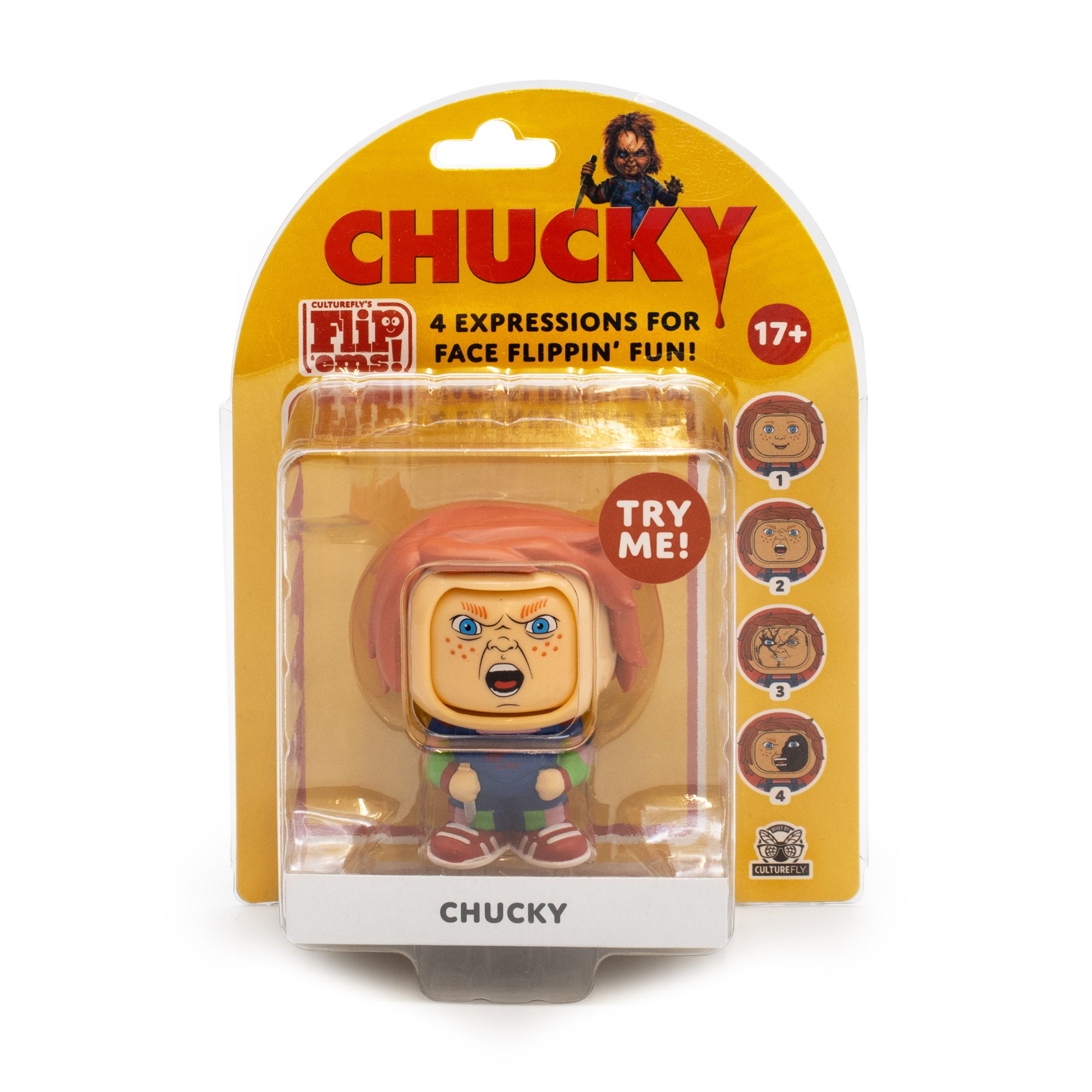 Chucky action figure in packaging with yellow background