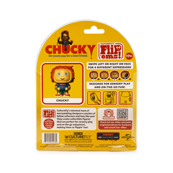 Chucky Flip 'ems toy figure packaging with yellow background