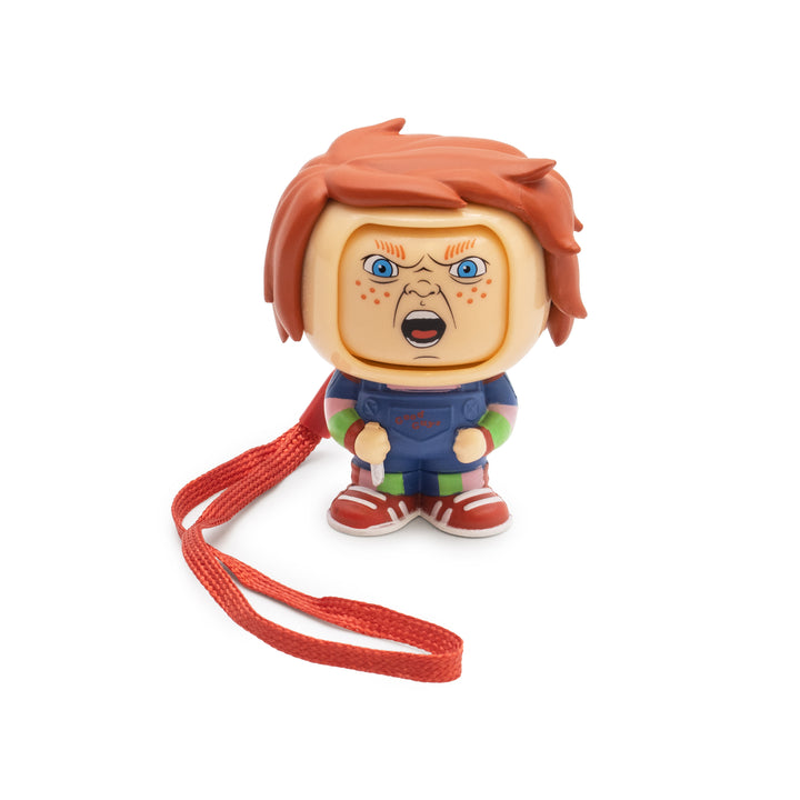 Toy figure with a strap on a white background