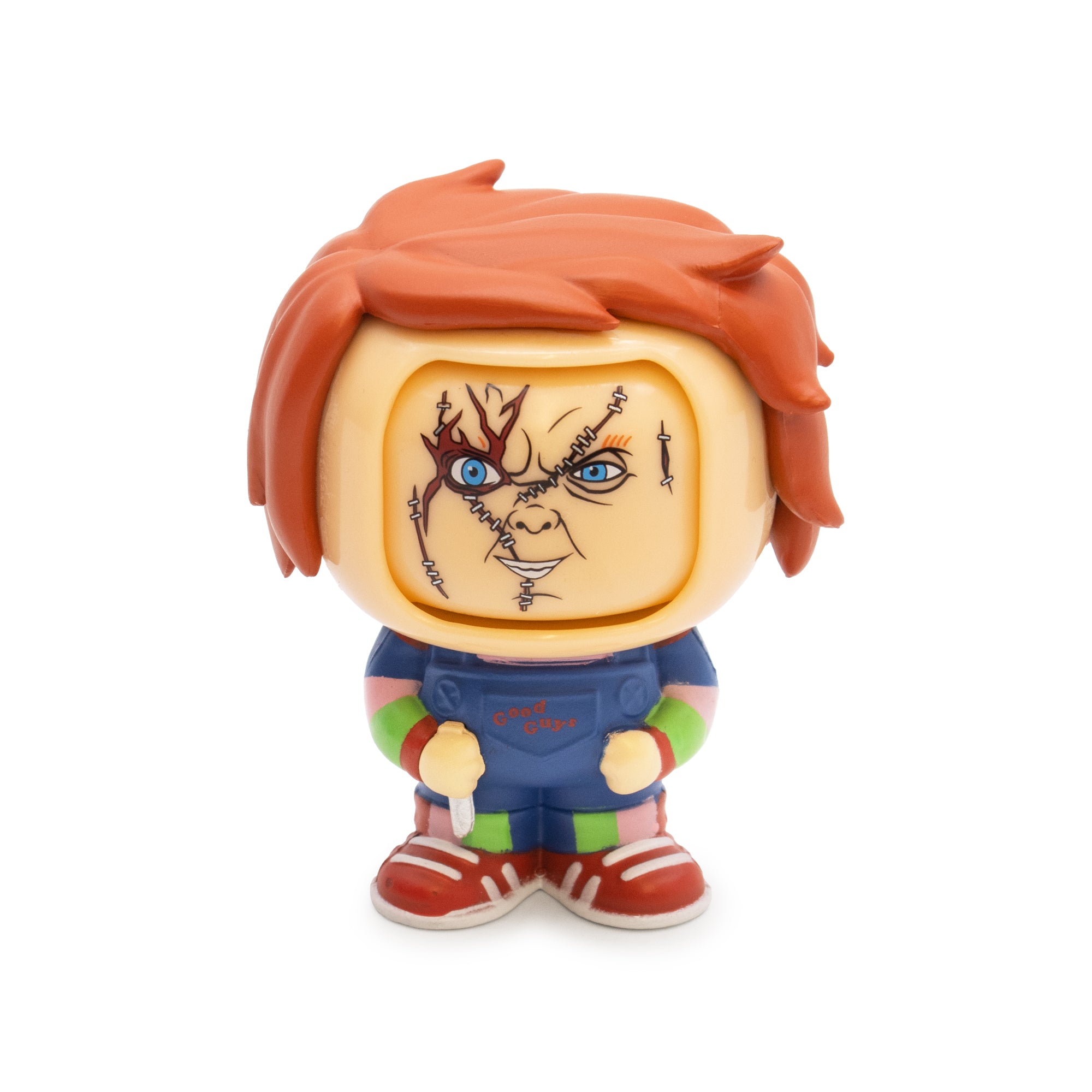 Toy figure with a distinctive face design on a white background