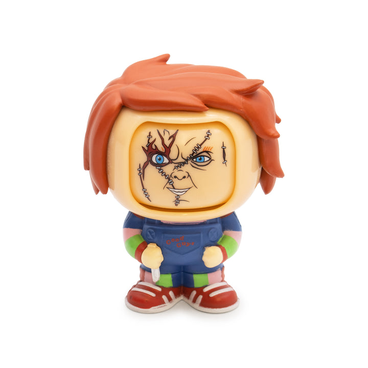 Toy figure with a distinctive face design on a white background