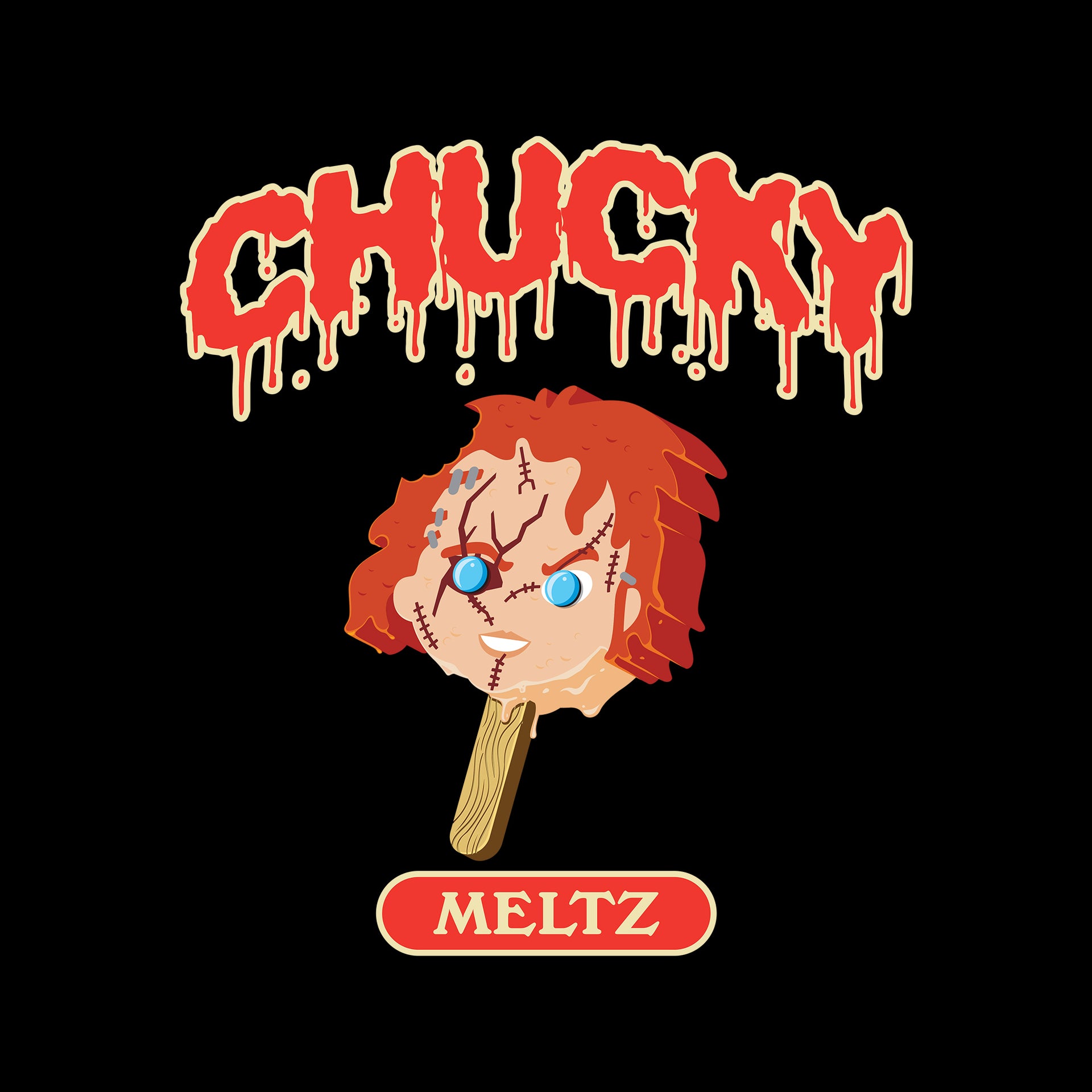 image on shirt: chucky melting popsicle. text: chucky meltz