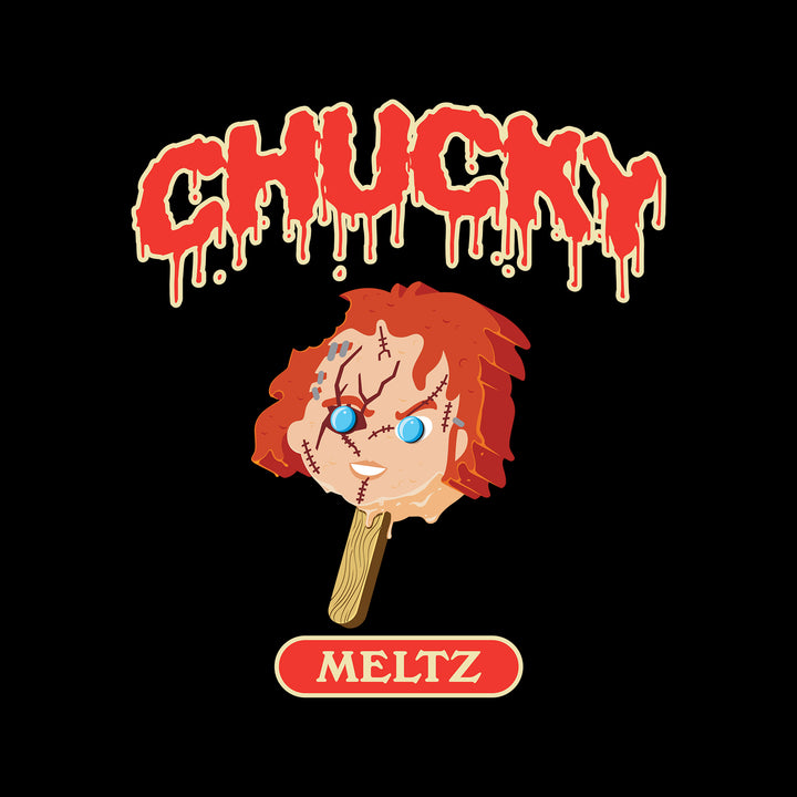 image on shirt: chucky melting popsicle. text: chucky meltz