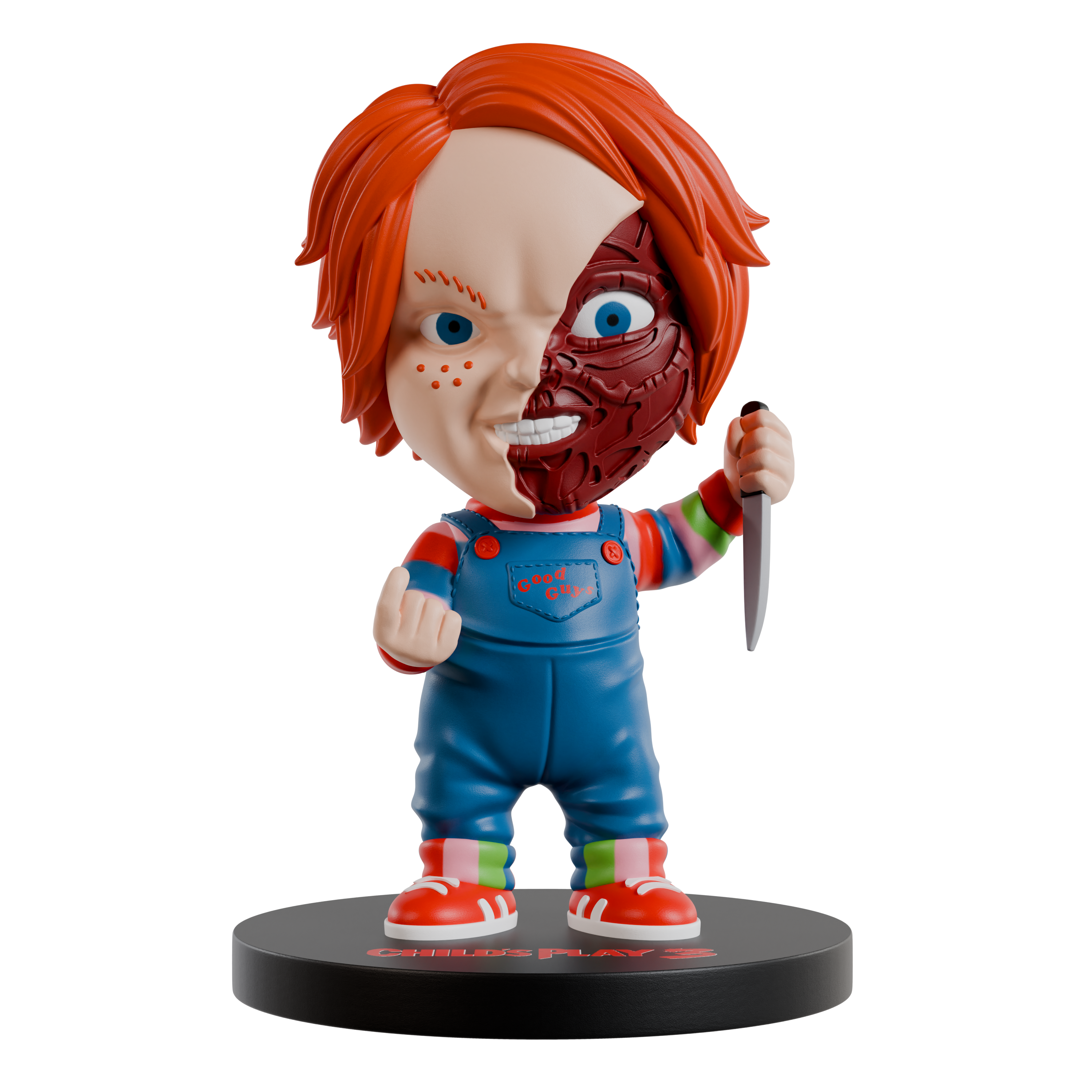 chucky bobblehead with a half-face and knife on a white background