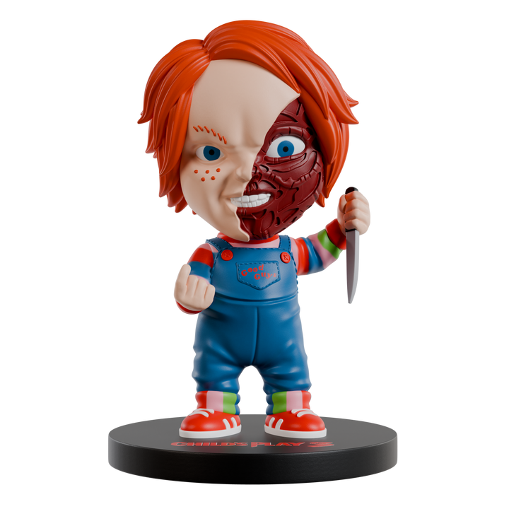 chucky bobblehead with a half-face and knife on a white background