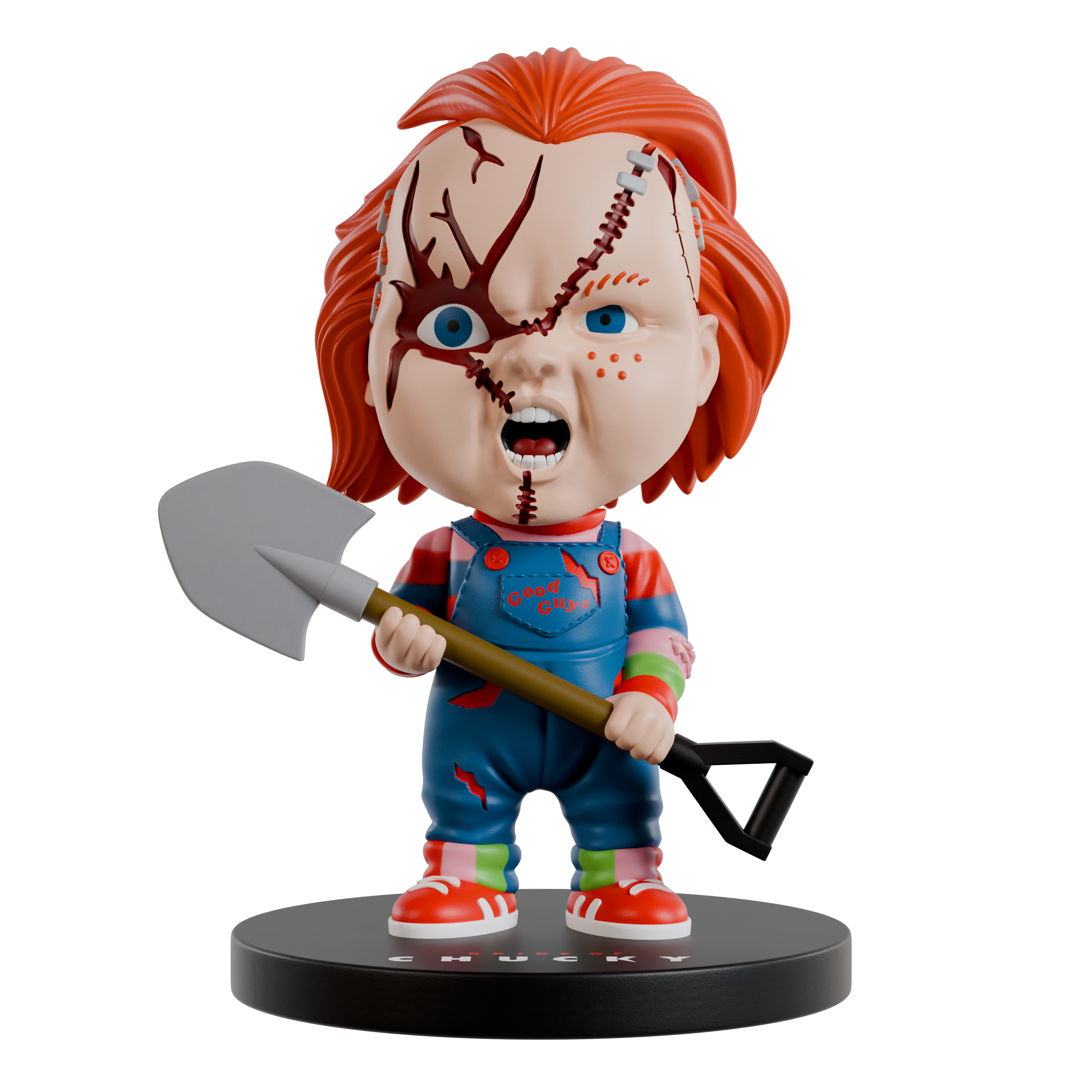 chucky bobblehead with red hair and blue eyes, holding a shovel on a white background