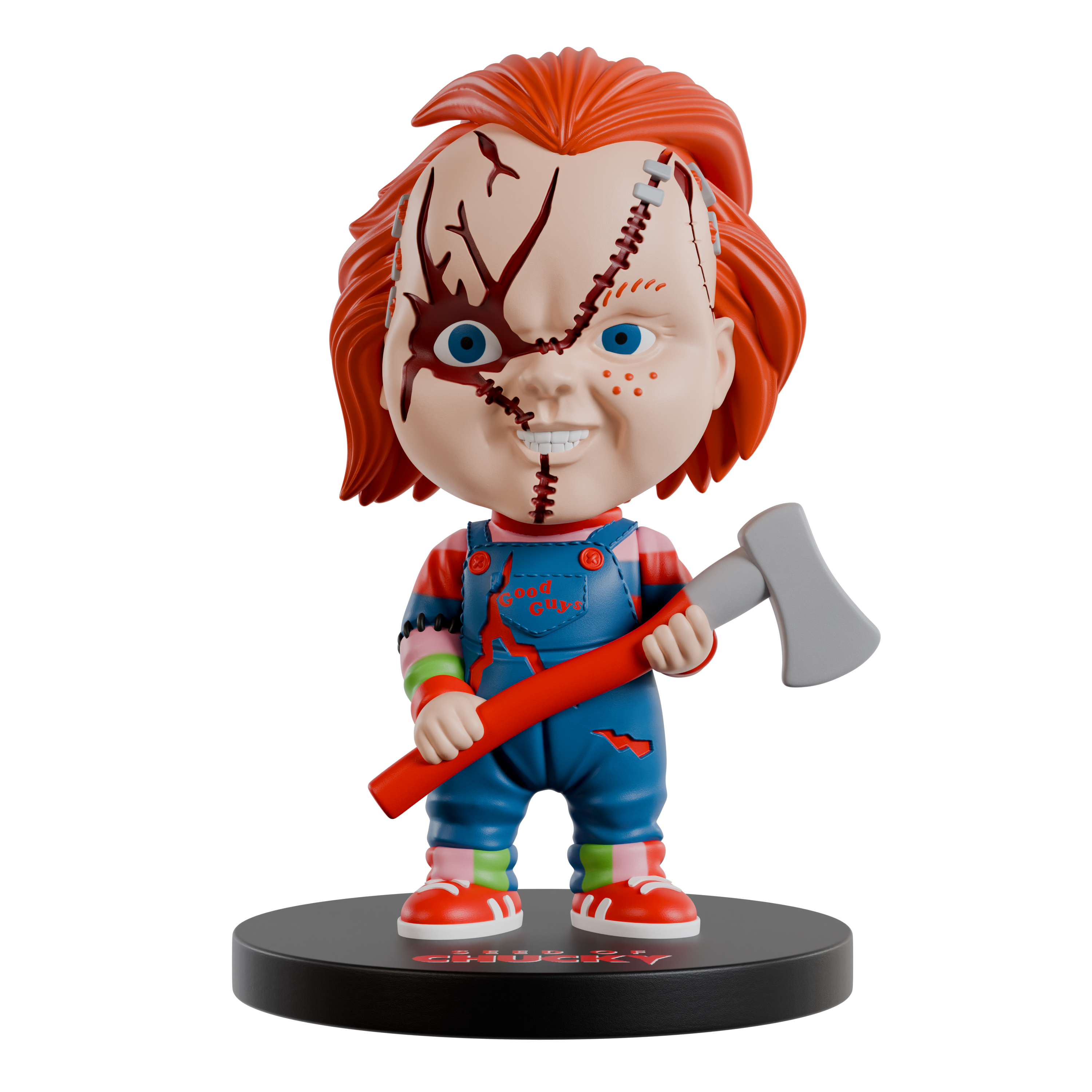 Chucky bobblehead with red hair, blue eyes, and an ax on a white background