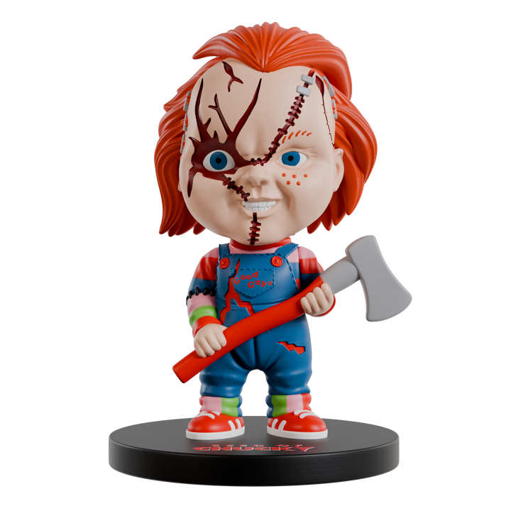 Chucky bobblehead with red hair, blue eyes, and an ax on a white background