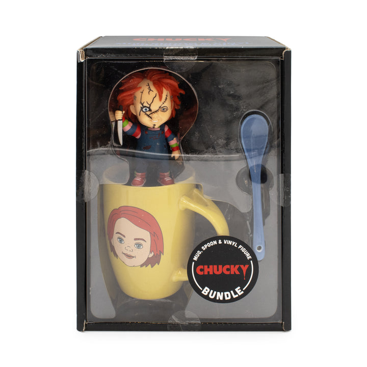 Chucky mug bundle with toy figure and spoon in packaging