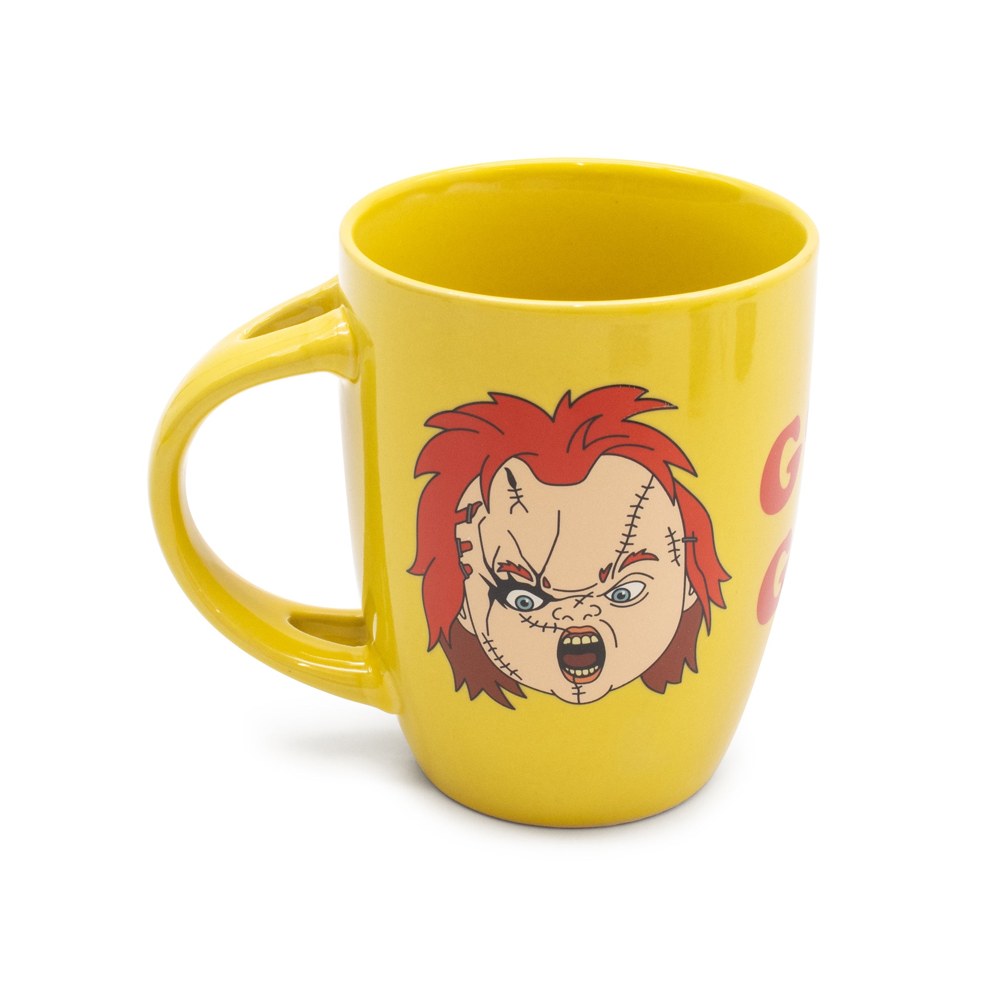 Yellow mug with a graphic of a character's face on a white background